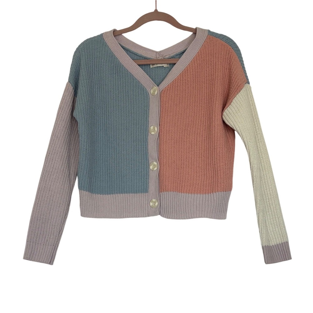 Moon & Madison Colorblock Cardigan Pastel Knit Button Front Sweater S Relaxed